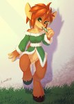 2018 4_fingers activision anthro brown_body brown_fur brown_hair candy candy_cane christmas christmas_clothing clothing crombie deer dessert digital_media_(artwork) elora faun_(spyro) female fingers food fur green_eyes green_outfit hair hi_res holidays hooves licking_candy looking_at_viewer mammal shaded signature solo spyro_reignited_trilogy spyro_the_dragon