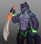 5_fingers abs anthro claws clothed clothing fingers glowing glowing_clothing green_eyes looking_at_viewer male melee_weapon muscular smile solo standing sword weapon variri surge canid canine canis mammal wolf hi_res