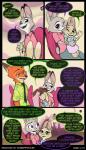 2018 anthro black_border bodily_fluids border buckteeth canid canine chair cheek_to_cheek clothed clothing comic cotton_(zootopia) dialogue dipstick_ears disney ear_markings english_text female fox furniture gloves_(marking) green_eyes group hand_on_head hi_res holding_object judy_hopps lagomorph leporid male mammal markings multicolored_ears necktie nick_wilde on_lap open_mouth open_smile purple_eyes rabbit red_fox robertfiddler sitting smile speech_bubble sweat sweatdrop teeth text true_fox young young_anthro zootopia