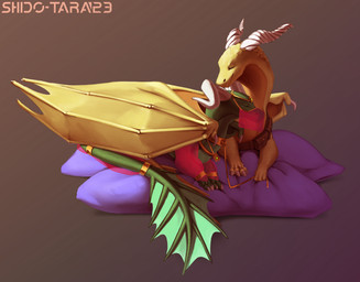 chain clothed clothing collar duo female feral green_body harem_outfit jewelry leash lying male membrane_(anatomy) membranous_wings on_front pillow simple_background slave tail wings yellow_body conditional_dnp shido-tara mythology dragon mythological_creature mythological_scalie scalie hi_res