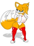 2_tails anthro big_breasts blue_eyes boots breasts clothing crossgender dipstick_tail female fluffy fluffy_tail footwear fur genitals heart_symbol high_heeled_boots high_heels markings mtf_crossgender multi_tail multicolored_body multicolored_fur nipples orange_body orange_fur pussy shoes simple_background smile solo tail tail_markings thick_thighs two_tone_body two_tone_fur white_body white_fur nsfwtheodore sega sonic_the_hedgehog_(series) miles_prower canid canine fox mammal hi_res