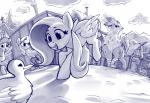 female feral group horn outside town walking wings dimfann friendship_is_magic hasbro my_little_pony mythology fluttershy_(mlp) gilda_(mlp) avian equid equine gryphon mammal mythological_avian mythological_creature mythological_equine pegasus unicorn blue_and_white hi_res monochrome