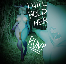 anthro big_breasts big_penis breasts breed cosmic_antlers cosmic_fur forest forest_background genitals gesture gynomorph hand_gesture huge_breasts huge_penis intersex intersex/male male night_vision obscured_eyes penis plant pointing solo tree walking walking_towards_viewer i_will_hold_her_off_(meme) cleo_(chasethedeer) canid canine canis deer mammal wolf meme