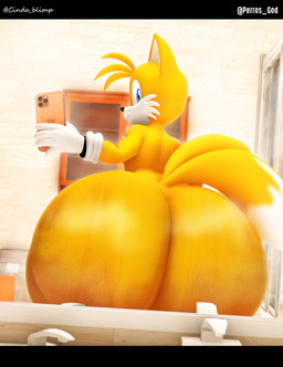 anthro bathroom big_butt black_bars bodily_fluids bottom_heavy butt cellphone electronics femboy huge_butt hyper hyper_butt looking_back male mirror mirror_selfie phone selfie shortstack shortstack_male solo sweat sweaty_butt thick_thighs cindablimp perros_god sega sonic_the_hedgehog_(series) miles_prower canid canine fox mammal red_fox true_fox 2025 3d_(artwork) digital_media_(artwork) hi_res letterbox