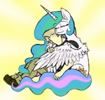 blonde_hair clothing cutie_mark duo eyes_closed feathered_wings feathers female feral hair horn hug male multicolored_hair simple_background sitting wings ichibangravity friendship_is_magic hasbro my_little_pony mythology princess_celestia_(mlp) equid equine human mammal mythological_creature mythological_equine winged_unicorn 2014