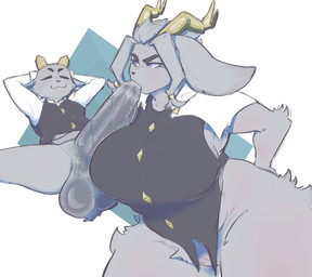 anthro antlers balls big_balls big_breasts big_penis blue_eyes bottomless bottomless_female bottomless_male breasts clothed clothing curvy_figure duo erection fellatio female female_penetrated fur genitals grey_body grey_fur horn huge_balls huge_breasts huge_hips huge_penis humanoid_genitalia humanoid_penis hyper hyper_balls hyper_genitalia hyper_penis larger_female larger_penetrated male male/female male_penetrating male_penetrating_female oral penetration penile penis sex size_difference small_but_hung smaller_male thick_penis thick_thighs topwear vest vulva wide_hips themercart pseudoregalia butler_(pseudoregalia) sybil_(pseudoregalia) bovid caprine goat hybrid jackalope lagomorph mammal 2025 absurd_res hi_res
