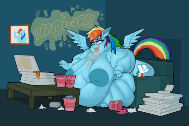anthro belly big_belly big_breasts blue_body blue_fur bodily_fluids box breasts container cutie_mark dessert feathered_wings feathers female flabby_arms flabby_legs food fur furniture hair huge_belly ice_cream morbidly_obese morbidly_obese_anthro morbidly_obese_female multicolored_hair nipples nude obese obese_anthro obese_female open_mouth overweight overweight_anthro overweight_female pizza pizza_box pizza_slice rainbow_hair slob sofa solo tail text wings catboyz friendship_is_magic hasbro my_little_pony rainbow_dash_(mlp) equid equine horse mammal pony digital_media_(artwork) hi_res