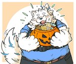 anthro black_nose blush bottomwear candy clothing dessert eyes_closed food holidays kemono male overweight overweight_male pants shirt simple_background solo topwear okudami halloween lifewonders live_a_hero yohack canid canine canis domestic_dog mammal 2023