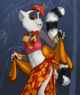 anthro barbell_piercing biped bracelet brown_eyes clothed clothing crossdressing detailed_background femboy fingers flower_necklace flower_on_head front_view fur grey_body grey_fur half-closed_eyes hawaiian humanoid_hands jewelry long_tail looking_at_viewer male markings midriff narrowed_eyes navel navel_piercing open_mouth open_smile piercing pose sarong seductive smile solo striped_markings stripes tail thong_straps towel towel_around_waist tropical ventral_groove white_body white_fur yellow_sclera tsuyagami dreamworks madagascar_(series) king_julien lemur mammal primate ring-tailed_lemur strepsirrhine 2011 colored portrait shaded signature three-quarter_portrait