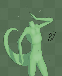 ambiguous_gender anthro checkered checkered_background featureless_chest featureless_crotch fingers green_background green_body missing_head navel pattern_background question_mark simple_background solo tail text juliotheprotogen scalie 2023 artist_name hi_res shaded