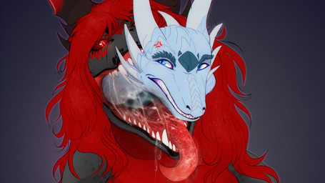 almost_fully_inside anthro blue_body blue_eyes bodily_fluids cross-popping_vein duo fangs front_view glistening glistening_eyes grey_body hair horn in_mouth oral_vore partially_inside pupils red_eyes red_hair red_tongue saliva saliva_string same_size_vore simple_background slit_pupils teeth tongue tongue_out unsigned vore white_horn santanahoffman mythology valinor dragon mythological_creature mythological_scalie scalie hi_res