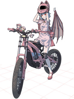 armor blue_hair bottomwear bow_(feature) bow_ribbon claws clothing female footwear frilly frilly_bottomwear frilly_clothing frilly_shirt frilly_skirt frilly_sleeves frilly_topwear gloves hair handwear headgear helmet knee_pads legwear mary_janes membrane_(anatomy) membranous_wings motorcycle motorcycle_helmet pink_bottomwear pink_clothing pink_helmet pink_shirt pink_skirt pink_topwear pupils red_eyes shirt shoes short_hair short_sleeves skirt slit_pupils solo thigh_highs topwear vehicle waist_bow white_clothing white_legwear white_thigh_highs wing_claws wings yopofen fumo_(doll) touhou yukkuri_shiteitte_ne flandre_scarlet remilia_scarlet humanoid vampire winged_humanoid 3:4 absurd_res hi_res