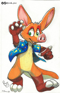 anthro claws clothed clothing finger_claws front_view fur glistening glistening_eyes green_eyes logo looking_at_viewer male male_anthro open_clothing open_mouth open_smile open_topwear orange_body orange_fur pink_inner_ear pink_nose smile solo topwear white_claws yellow_body yellow_fur pandapaco aardvark mammal 2023 artist_logo dated hi_res signature