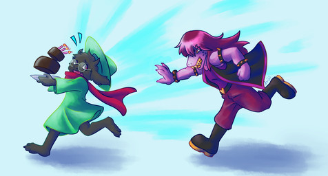 anthro black_body black_fur clothed clothing duo eyewear female fur glasses hair hat headgear headwear long_ears open_mouth scarf simple_background teeth deijii deltarune undertale_(series) ralsei susie_(deltarune) bovid caprine darkner goat mammal reptile scalie 2018 digital_media_(artwork) hi_res