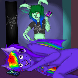 ambiguous_anthro ambiguous_gender anthro arm_tattoo black_clothing black_topwear bloodshot_eyes cellphone clothing colored_nails dialogue duo electronics facial_piercing fangs female fur green_body green_fur hair heterochromia holding_cellphone holding_object holding_phone holding_smartphone lying mouth_closed multicolored_hair nails nose_piercing nose_ring nude_anthro on_side open_mouth phone piercing purple_body purple_fur rainbow_hair rainbow_nails rainbow_wings red_eyes red_sclera ring_piercing smartphone standing tattoo teal_eyes teeth text topwear tweaking wings rainbowmonstrrx3 ambient_arachnid ambient_arthropod ambient_spider bat lagomorph leporid mammal rabbit 1:1 2026 digital_media_(artwork) english_text hi_res