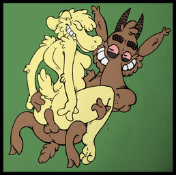 anthro anthro_on_anthro anus balls black_border border breasts brown_balls brown_body brown_fur brown_penis butt duo erection eyes_closed female fur genitals green_background hot_dogging looking_pleasured male male/female nude on_lap penis red_eyes sex simple_background sitting_on_lap smile snout straddling_penis teeth yellow_body yellow_fur immortalrooster bovid caprine demon goat mammal unknown_species source_request unavailable_at_source