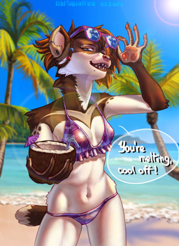 anthro beach beverage breasts clothing coconut coconut_drink drupe_(fruit) eyewear female fingers food fruit fur gift glasses hair landscape looking_at_viewer markings palm_tree plant sand seaside sky smile solo spots spotted_body spotted_fur summer sun sunglasses swimwear tail text tree water wearing_glasses old_squatter art_fight artfight2025 spuydjeks_(character) canid canine hybrid hyena mammal 2025 absurd_res artist_name colored digital_drawing_(artwork) digital_media_(artwork) english_text half-length_portrait hi_res portrait shaded signature three-quarter_portrait