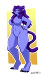 anthro blue_body blue_fur breasts featureless_breasts featureless_crotch female fur hair hand_on_hip looking_at_viewer purple_hair simple_background solo fanterfane felid mammal 2022 hi_res