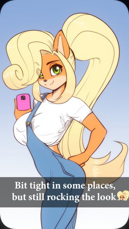 anthro big_breasts blonde_hair breasts cellphone clothing crop_top electronics eyebrow_through_hair eyebrows eyelashes female fur green_eyes hair hand_on_hip holding_cellphone holding_object holding_phone holding_smartphone orange_body orange_fur phone ponytail selfie shirt smartphone smile solo tan_body tan_fur text topwear translucent translucent_hair scorpdk activision crash_bandicoot_(series) coco_bandicoot bandicoot mammal marsupial 2025 9:16 english_text hi_res