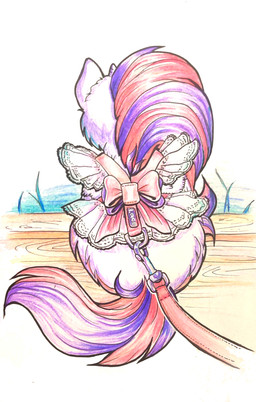 alternative_fashion ambiguous_feral ambiguous_gender clothed clothed_feral clothing feral frilly frilly_clothing fur j-fashion leash lolita_(fashion) mane multicolored_mane pink_leash pink_mane pink_ribbon pink_tail plant purple_body purple_fur purple_mane purple_tail rear_view sitting solo tail text two_tone_mane two_tone_tail water young young_ambiguous young_feral aiasatsana fluffy_pony fluffy_pony_(species) mammal 2024 english_text hi_res traditional_media_(artwork)