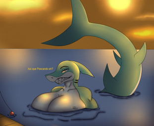 anthro big_breasts breasts dialogue duo female fishing looking_at_another male male/female partially_submerged river shark_tail simple_background smile sunset text water photolol.03 kelly_(photolol.03) aquatic fish shark spanish_text translated