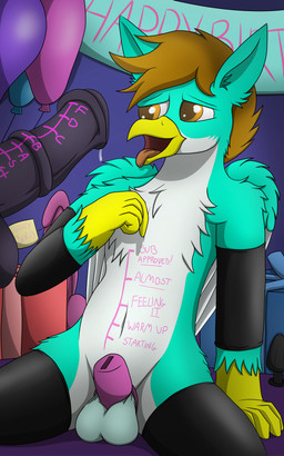 anthro arm_warmers armwear balloon balls bedroom_eyes birthday birthday_gift birthday_party bodily_fluids body_writing buttplug chastity_cage chastity_device clothing dildo dripping fluffy fluffy_chest fluffy_shoulders genital_fluids genitals graded_belly graded_penis inflatable latex latex_arm_warmers latex_armwear latex_clothing latex_legwear latex_stockings legwear male male/male multicolored_body narrowed_eyes navel open_mouth penis pink_chastity_cage plug_(sex_toy) precum precum_drip seductive sex_toy sex_toy_background solo_focus spread_legs spreading stockings tongue tongue_out two_tone_body tacomytaco mythology pure_gold_(oc) avian gryphon mythological_avian mythological_creature 5:8 absurd_res hi_res
