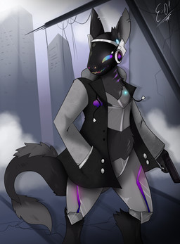 anthro black_body black_fur building city clothed clothing cloud cracks fingers fog fur glowing glowing_eyes gun handgun holding_object holding_weapon looking_down machine male metal metallic_body multicolored_eyes outside pistol purple_body purple_fur ranged_weapon ruins screen screen_face simple_background smile solo synthetic weapon wire e-01 kyo_(aurorastarwolf7) android protogen robot absurd_res digital_media_(artwork) hi_res