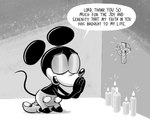 absurd_res anthro bottomwear candle christian_cross christian_symbol christianity clothed clothing cross crucifix dialogue disney english_text eyes_closed fire footwear greyscale hi_res hotdiggedydemon jesus_christ male mammal mickey_mouse monochrome mouse murid murine open_mouth praying religion rodent shoes shorts solo tail teeth text thin_tail topless