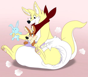4_fingers 4_toes ageplay ambiguous_gender anthro big_diaper black_nose blush brown_body brown_fur buckteeth claws clean_diaper clothed clothing cloud_emanata diaper diaper_pouch diaper_puff duo emanata feet finger_claws fingers fur gradient_background half-closed_eyes hand_on_diaper holding_object holding_plushie huge_diaper inner_ear_fluff kerchief layered_diaper looking_down looking_down_at_partner looking_up_at_partner multicolored_body multicolored_fur narrowed_eyes neckerchief neckwear pawpads pink_pawpads plushie pouch_(anatomy) red_kerchief red_neckerchief roleplay shared_diaper simple_background sitting sitting_on_diaper smile tail tan_body tan_fur tan_inner_ear_fluff teeth toe_claws toes touching_diaper tuft two_tone_body two_tone_fur two_tone_tail wavy_mouth wearing_diaper white_body white_claws white_diaper white_fur white_inner_ear_fluff white_tail yellow_body yellow_fur yellow_tail fang29 fang29_(character) randy_(goodyoshy) canid canine canis coyote domestic_dog hybrid kangaroo macropod mammal marsupial absurd_res hi_res
