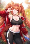 athletic_wear big_breasts black_border border bottomwear bra breasts clothing female hair jacket one_eye_closed open_mouth orange_hair pants pigtails red_eyes smile solo sports_bra topwear underwear yoga_pants choney cygames uma_musume_pretty_derby daiwa_scarlet_(pretty_derby) animal_humanoid equid equid_humanoid equine equine_humanoid horse_humanoid humanoid mammal mammal_humanoid absurd_res hi_res