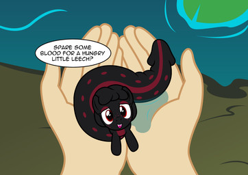 dialogue duo fangs female first_person_view lily_pad looking_at_viewer plant pond ponification red_eyes teeth text water badumsquish hasbro my_little_pony annelid equid equine horse leech mammal pony 2019 english_text hi_res