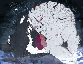 animal_genitalia anthro ball_fondling balls barazoku bared_teeth big_muscles black_body black_fur blue_eyes bodily_fluids chest_tuft claws dialogue duo eye_patch eyewear fangs fluffy fondling frottage fur genitals grunting hair hand_on_shoulder holding_shoulder huge_muscles hunter intense intense_stare interspecies knot male male/male mane moan muscular penile penile_spines penis penises_touching predator/prey pubes scar sex sheath sweat tail tail_in_water teeth tuft vein veiny_penis water wet white_balls white_body white_fur white_hair white_pubes na1su league_of_legends riot_games tencent bdwolf rengar_(lol) canid canine canis felid feline mammal wolf hi_res