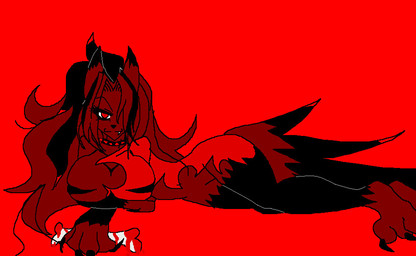 accessory anthro arm_scar bangs belt big_breasts boob_tube bottomless bra breasts choker cleavage clothed clothing fangs female group hair_accessory hairband huge_breasts jewelry lace looking_at_viewer markings necklace piercing red_body red_eyes scar shirt skimpy smug solo tank_top teeth topwear trio tube_top underwear wide_hips wristband jollylink demonic_(jollylink) demon felid feline mammal