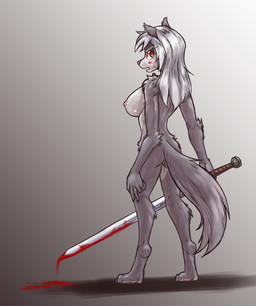 anthro big_breasts blood blood_on_face bodily_fluids breasts butt crying digitigrade female fur gradient_background grey_body grey_fur grey_hair hair nude nude_anthro nude_female orange_eyes shadow simple_background solo tail tears gndthr323 thescornfulreptilian kiruss canid canine canis mammal wolf hi_res