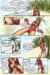 beach bones_(artist) breasts cleavage clothed clothing comic english_text female hair human human_only mammal not_furry one-piece_swimsuit outside red_hair seaside solo swimwear tall text torn_clothing transformation