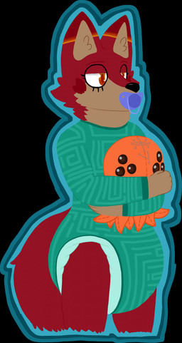 anthro biped clean_diaper clothed clothing diaper diaper_under_clothing diaper_under_onesie female fur hair object_in_mouth onesie pacifier pacifier_in_mouth plushie simple_background snapsuit solo standing wearing_diaper nascentdoom canid canine fox mammal 2022 hi_res