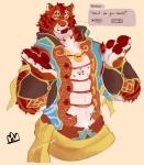 anthro big_muscles clothed clothing countershading dialogue fur male muscular muscular_anthro muscular_male solo text wereprince nekojishi studio_klondike lin_hu felid mammal pantherine tiger 2017 english_text hi_res signature