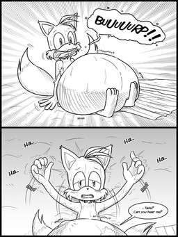 after_vore anthro belly big_belly black_border border duo male male_pred male_prey outside overweight sitting speech_bubble text vore young young_anthro young_male malezor sega sonic_the_hedgehog_(series) miles_prower sonic_the_hedgehog canid canine fox mammal 2017 english_text hi_res