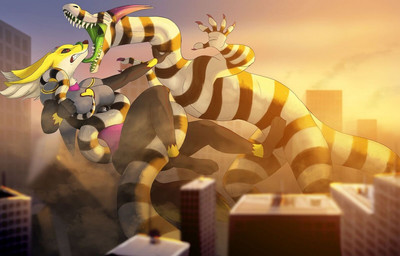 anthro battle detailed_background female feral fight long_tail macro male micro tail vl vorejack vorelord bandai_namco digimon mythology nintendo pokemon canid canine canis dragon fox mammal mythological_creature mythological_scalie scalie wolf