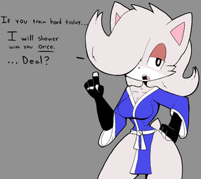 anklet anthro armwear black_eyes breasts cleavage clothed clothing dialogue elbow_gloves female fingerless_gloves fur gesture gloves grey_background grey_body grey_fur grey_hair hair hair_over_eye hand_gesture hand_on_hip handwear jewelry keikogi martial_arts_uniform medium_breasts one_eye_obstructed open_mouth pointing pointing_up simple_background solo sportswear tail text thick_thighs wide_hips usagibun1 oli_(usagibun1) domestic_cat felid feline felis mammal 2024 digital_media_(artwork) english_text