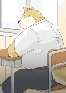 anthro belly big_belly black_nose bottomwear classroom clothing inside kemono male overweight overweight_male pants school shirt sitting solo topwear fugashi4090 canid canine canis domestic_dog mammal 2022