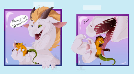 anthro black_eyes claws dialogue duo extreme_size_difference female flower fur heterochromia horn intersex intersex/female long_tail mouth_shot open_mouth oral_vore pawpads paws plant simple_background size_difference skinny slim speech_bubble stinger stinger_tail sunflower tail teeth text vore nenhae mythology dragon furred_dragon furred_scalie humanoid hybrid monster mythological_creature mythological_scalie scalie absurd_res english_text hi_res