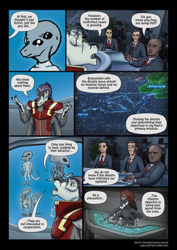 3_fingers 4_arms 4_eyes anthro bald biped black_claws chair claws dark_body dark_skin dialogue dialogue_box feral fingers furniture group hair light_body light_skin male multi_arm multi_eye multi_limb open_mouth purple_hair red_hair scar speech_bubble suit_and_tie tail text yellow_eyes darth_biomech leaving_the_cradle ahshu_shearu zane_htrua_sha alien human mammal raharr 2025 colored comic english_text hi_res url