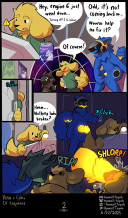 7_panel_comic anthro assisted_exposure beverage_can big_penis blue_body blue_fur blush blush_lines bodily_fluids clothing cock_vore darkness dialogue excessive_genital_fluids excessive_precum flashlight floppy_ears fur genital_fluids genitals glowing glowing_genitalia glowing_insides glowing_penis group head_first huge_penis hybrid_genitalia hyper hyper_genitalia hyper_penis knot knotted_penis machine male male/male multi_ear multi_eye onomatopoeia penile penile_spines penis poster precum red_body red_fur science_fiction sound_effects spacecraft tail tail_mouth tearing_clothing text torn_clothing trap_(contrivance) trio unusual_anatomy unusual_tail vehicle vore yellow_body yellow_fur yellow_insides yellow_penis howzit_toyah howzit_(character) yeno bird_dog canid canine canis domestic_dog golden_retriever hunting_dog mammal protogen retriever comic english_text hi_res multiple_scenes