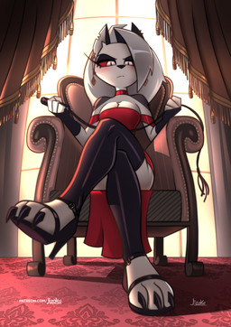 anthro chair clothing damask_pattern dominant dominant_anthro dominant_female dress ear_piercing ear_ring female footwear fur furniture high_heels looking_at_viewer low-angle_view ornate_furniture piercing red_clothing red_dress red_sclera ring_piercing shoes sitting solo whip white_body white_fur window jizoku hellaverse helluva_boss mythology loona_(helluva_boss) canid canid_demon canine demon hellhound mammal mythological_canine mythological_creature 2025 absurd_res hi_res