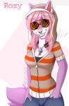 anthro clothing eyewear female fur hair hoodie necktie pink_body pink_fur simple_background solo sunglasses topwear wolflady roxy_bradingham canid canine canis mammal wolf 2016 digital_media_(artwork)