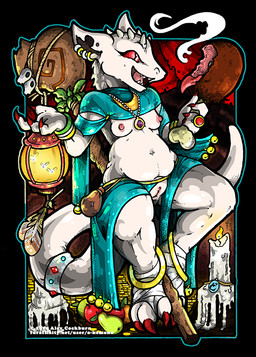 albino anthro apple belly bone bracelet breasts candle claws clothed clothing coin ear_piercing ear_ring feather_accessory female fingers food fruit genitals gold_(metal) gold_coin gold_jewelry ineffective_clothing jewelry lamp lizard_tail navel necklace nipples non-mammal_breasts non-mammal_navel non-mammal_nipples open_mouth piercing plant pouch_(clothing) red_eyes ring ring_(jewelry) ring_piercing scales skimpy skull slightly_chubby slightly_chubby_anthro slightly_chubby_female small_breasts smile solo tail topwear vulva white_body o-kemono shannon_(bahumot) kobold lizard reptile scalie 2014 digital_drawing_(artwork) digital_media_(artwork)