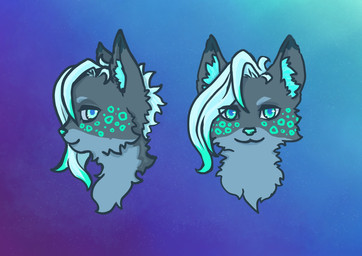ambiguous_gender anthro blue_eyes blue_hair blue_pupils dreambeast front_view fur glowing glowing_markings gradient_background green_highlights grey_body grey_fur hair highlights_(coloring) looking_at_viewer markings multicolored_body multicolored_fur pupils side_view simple_background solo two_tone_body two_tone_fur white_hair nighthopper felid mammal headshot_portrait portrait