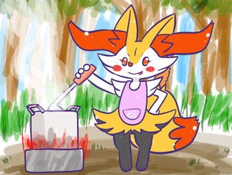 ambiguous_anthro ambiguous_gender anthro apron apron_only biped blush blush_stickers closed_smile clothing cooking cooking_pot detailed_background digitigrade eyelashes fire food forest_background grass hand_on_hip kitchen_utensils ladle mouth_closed no_pupils object_in_tail outside plant shrimp_(food) simple_eyes sky smile solo standing steam tail tongue tongue_out tools tree annyui0611 nintendo pokemon braixen canid generation_6_pokemon mammal pokemon_(species) 2024 digital_drawing_(artwork) digital_media_(artwork) full-length_portrait hi_res japanese_description portrait translated_description