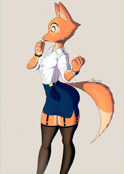 anthro bottomwear butt clothing female fur legwear office_clothing office_lady orange_body orange_fur shirt skirt slim solo stockings straps tail thick_thighs topwear ikaruss_draws dreamworks the_bad_guys diane_foxington canid canine fox mammal absurd_res hi_res